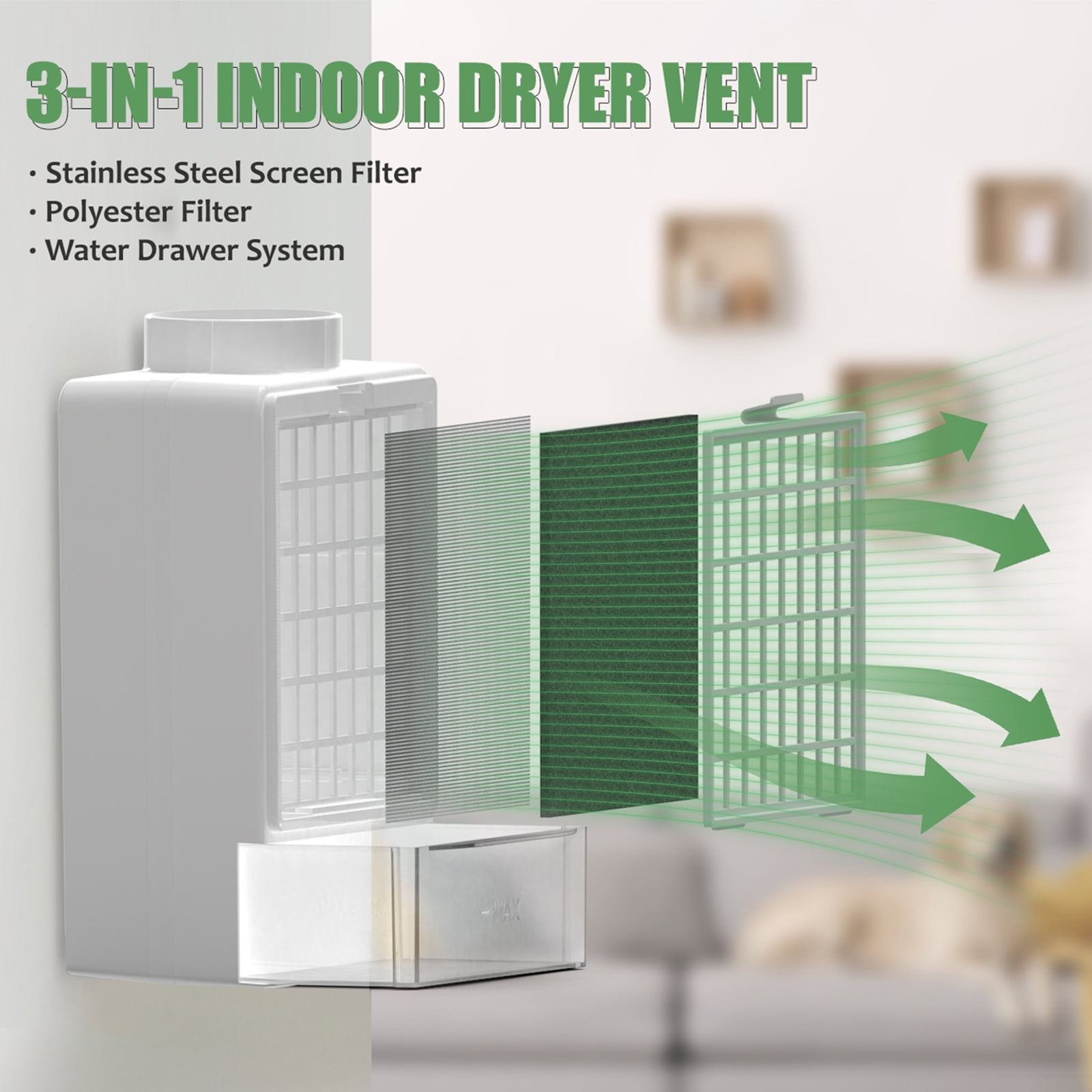 TUOOWO 3 in 1 Indoor Dryer Vent Kit - Dryer Vent Screen Filter Bucket Box for Electric Dryer Inside Use, with 4in by 5ft Silver Hose Duct & 4 Pieces Filters