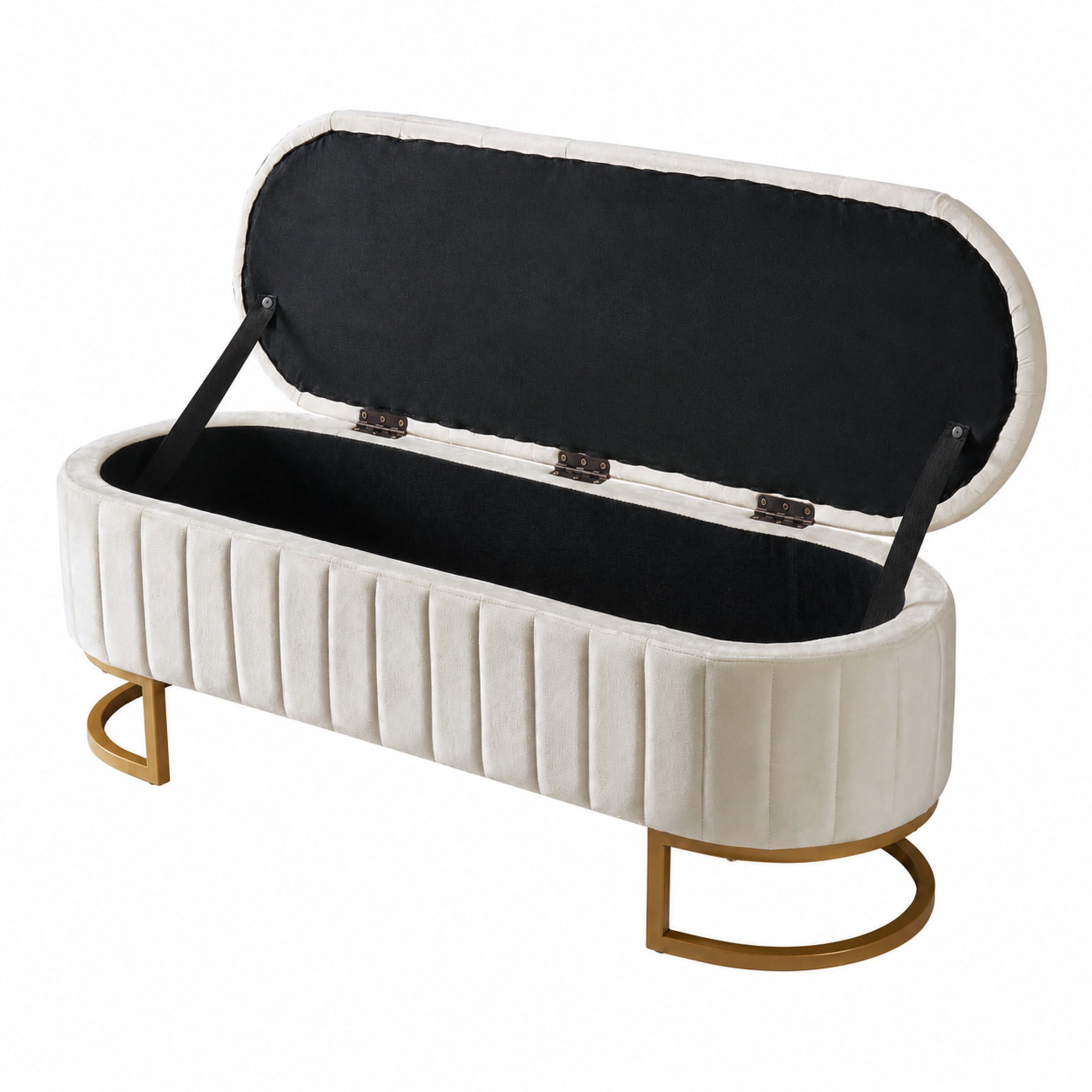 Noble House Elegant Upholstered Velvet Storage Ottoman with Button-Tufted Design, Storage Bench with Metal Legs,Beige