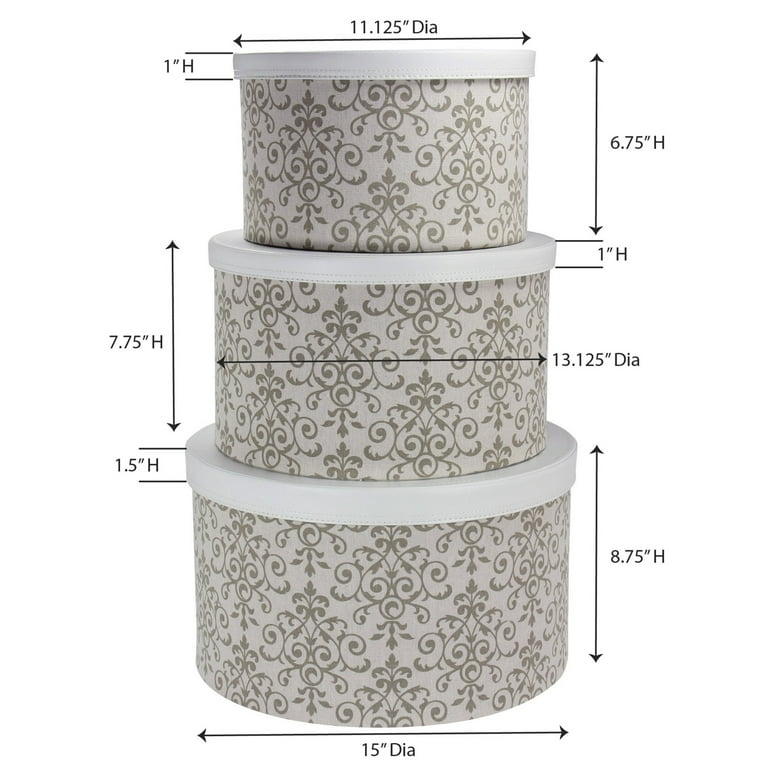 Household Essentials Round Hat Boxes with Lids Vibrant Scallop Print with Faux Leather Lids Poly Cotton and Non Woven PP Liner Large Medium and Small Stackable and Nestable Olive and Cream Walmart