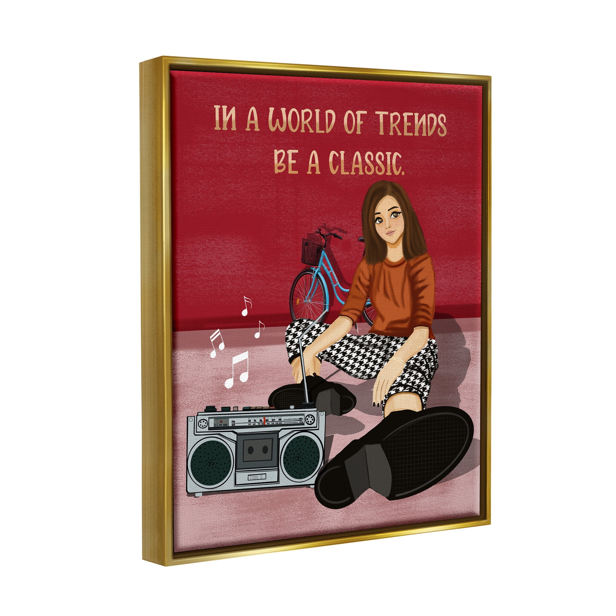 Stupell Industries Motivational Girl with Boombox Abstract Painting Gold Floater Framed Canvas Art Print Wall Art, 25 x 31
