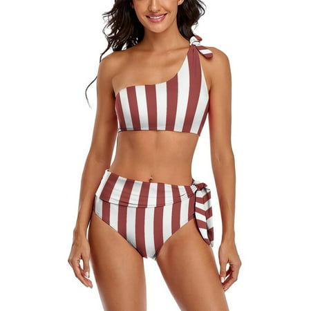 Aesthetic Brown Red And White Vertical One Shoulder Bowknot Swimsuit Two Piece Swimsuit Knot Crop Top Bikini High Waisted Bathing Suit