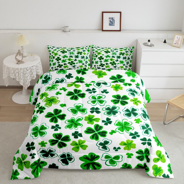 Erosebridal St. Patrick's Day Bedding Full Comforter Set, Shamrock Print Down Comforter, Spring Holiday Decor, Lightweight