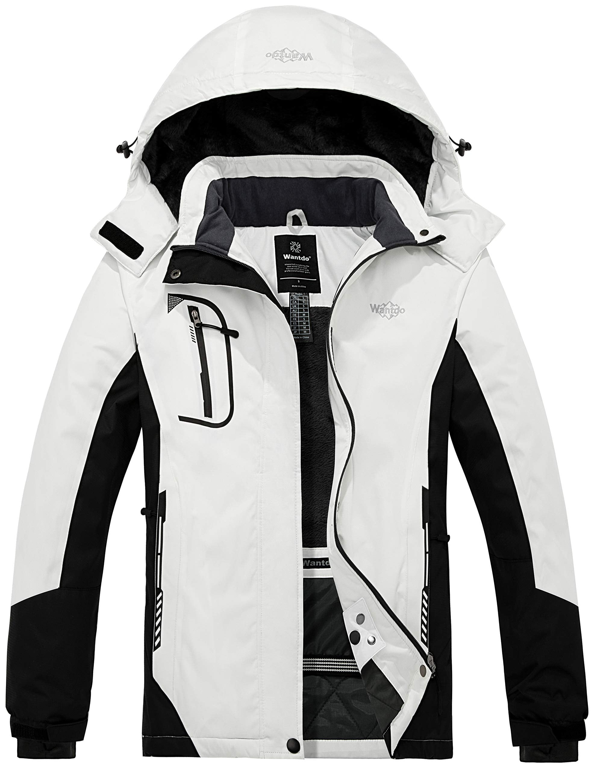 Wantdo Women's Waterproof Ski Coat Windproof Fleece Jacket White