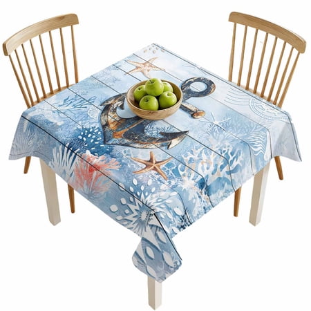 Square Tablecloths Nautical Anchor Starfish Coral Waterproof Table Cloths Summer Coastal Nautical Theme Spillproof Decorative Dining Table Covers for Kitchen Indoor Outdoor Parties Camping 60x60in