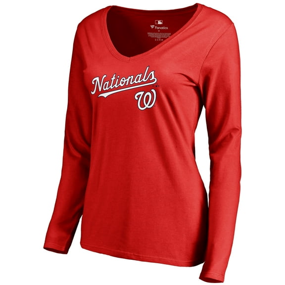 Women's Red Washington Nationals Team Lockup Slim Fit Long Sleeve V-Neck T-Shirt