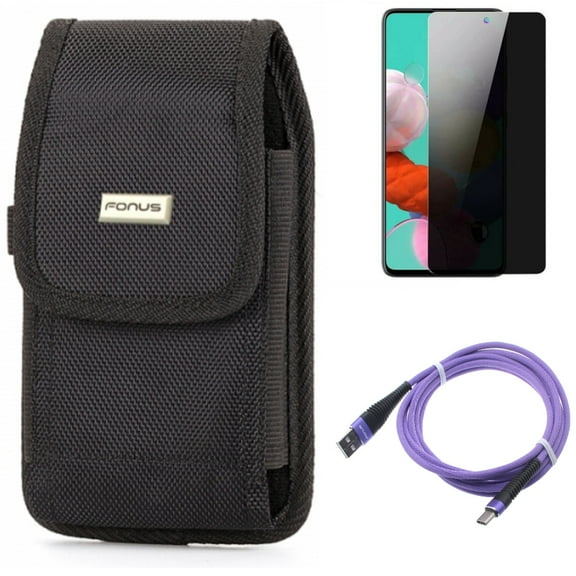 Case Belt Clip & 10ft USB Cable & Privacy Screen Protector for Samsung Galaxy S20 Fan Edition - Swivel Holster   Purple Type-C   Tempered Glass Anti-Spy Combo