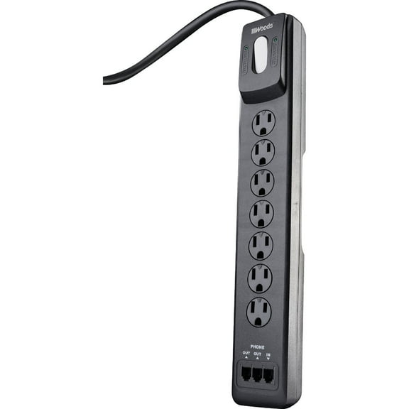 Woods 7-Outlet Surge Protector Strip 41626 - 1780J, Resettable, Circuit Breaker - 4 Ft Cord, Black