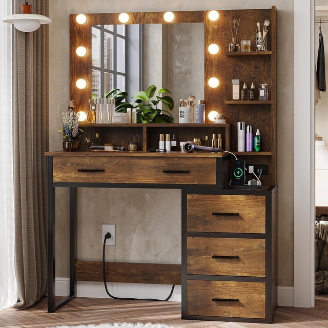 Zocalo Tocador con 10 Luces LED y 3 Modos | Espejo Grande con Regleta USB | Incluye Nochero y Cajones, 92x40x144 cm