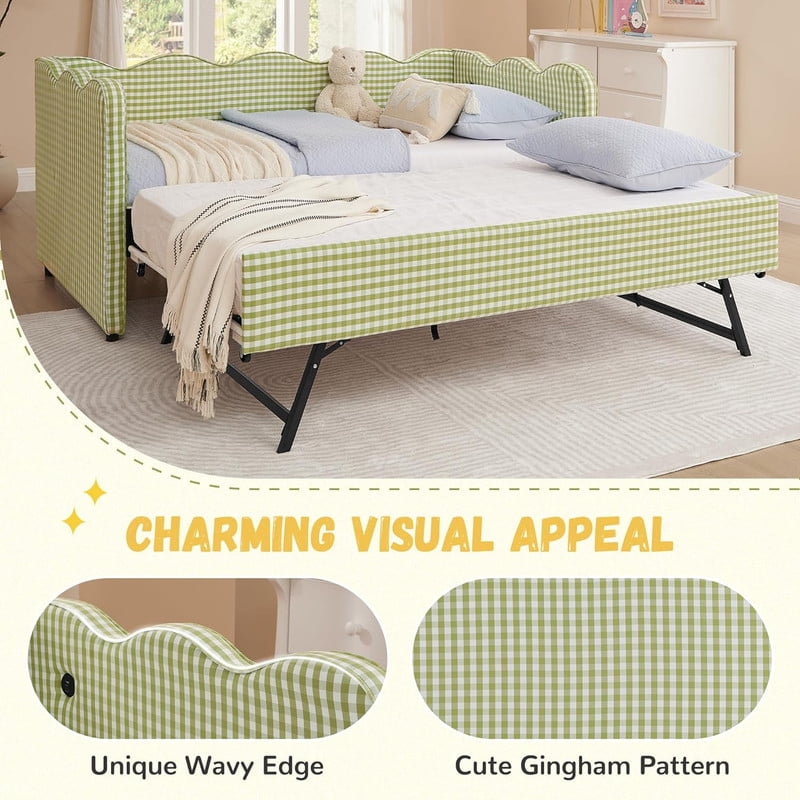 Full Size Upholstery Daybed with Trundle and USB, Full to King Design Wave Shaped Extendable Linen Sofa Bed, No Box Spring Required, for Living Room and Bedroom