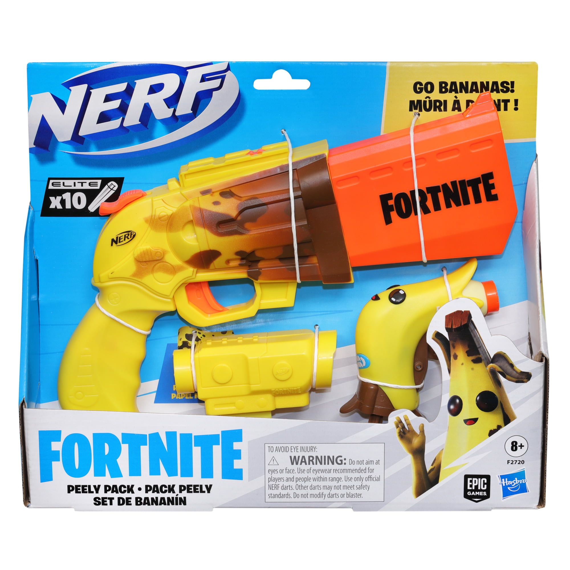Nerf Fortnite 2-Blaster Peely Pack Includes SR-Ripe Blaster, Micro Peely Blaster, 10 Darts