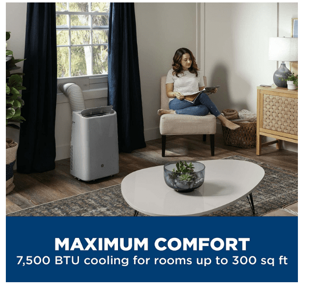 GE 7,500 BTU Portable Air Conditioner for Rooms up to 300 Sq ft., 3-in-1 Functionality with Remote