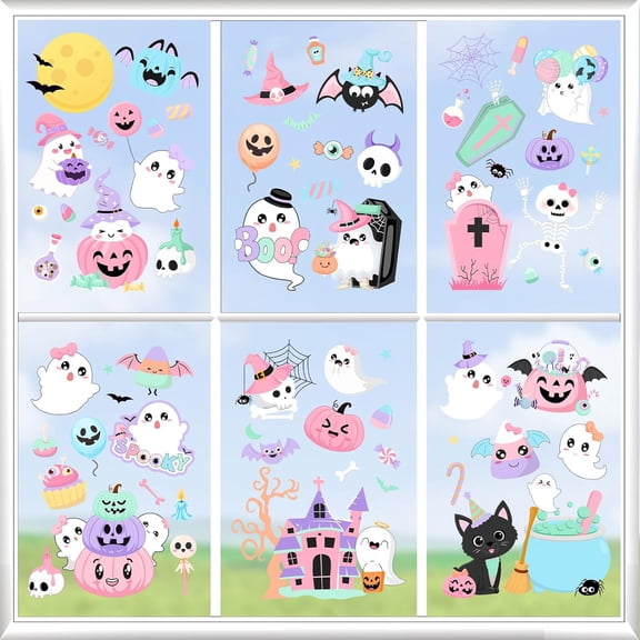Kreatwow Pastel Halloween Party Decorations 6pcs Pastel Halloween Window Clings Halloween Window Stickers Decorations Ghost Bat Pumpkin Boo Double-Sided Window Decals Macaron Halloween Window Decor
