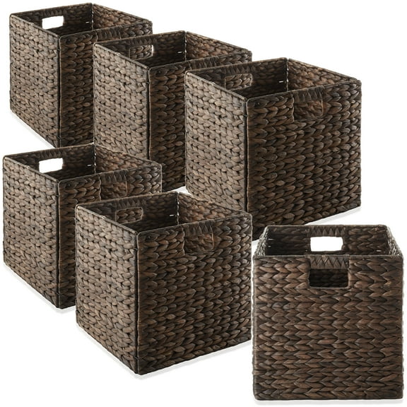 Casafield 13" x 13" Water Hyacinth Storage Baskets, Espresso - Set of 6 Collapsible Cube Organizers, Woven Bins for Bathroom, Bedroom, Laundry, Pantry, Shelves