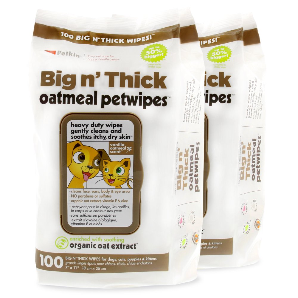 Petkin Pet Wipes Big 'n Thick Extra Large Oatmeal Pet Wipes Cleans Face, Ears, Body and Eye