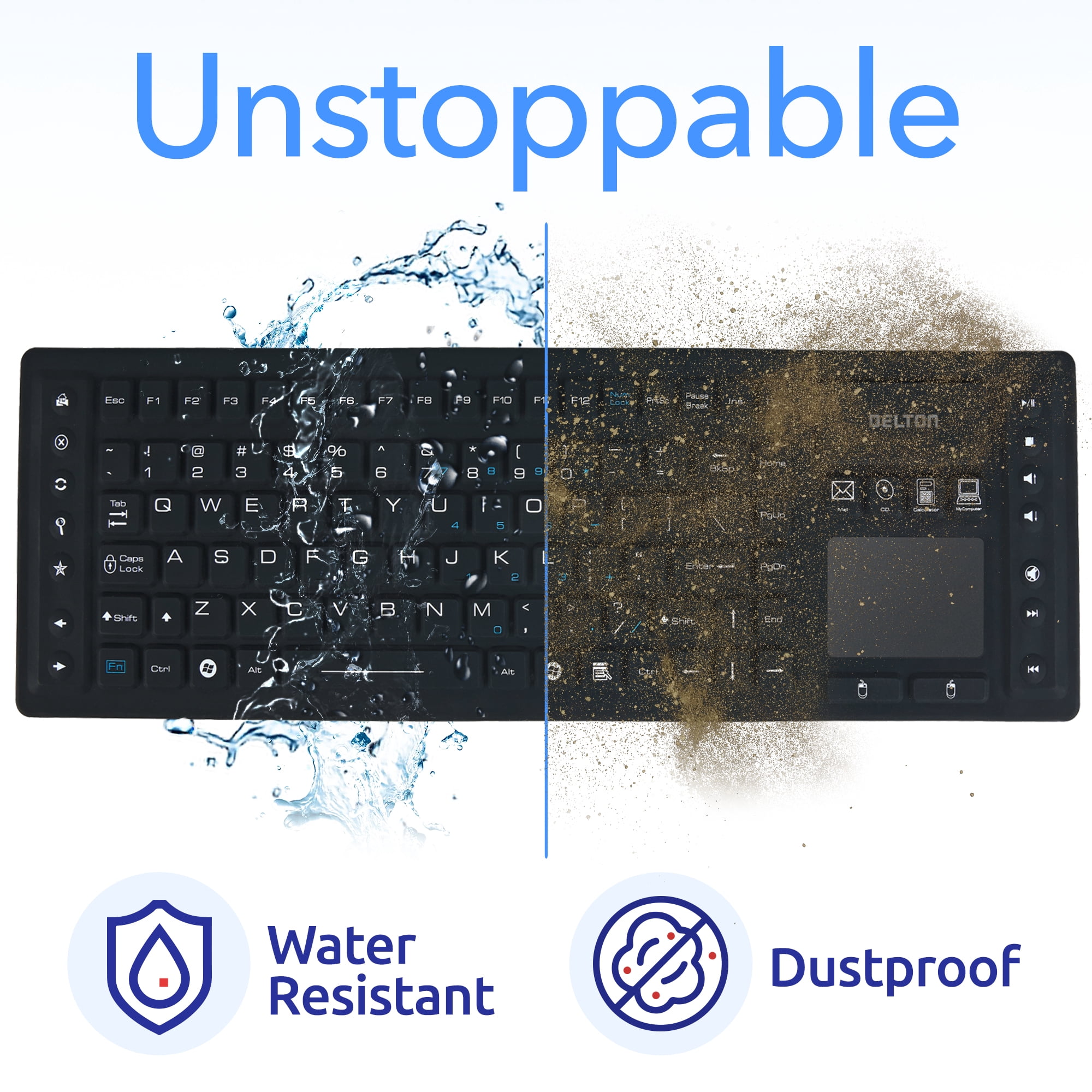 Delton M90 Wireless Computer Keyboard with Touchpad, 109 Standard Keys, IP65 Water-Resistant Silicone Keyboard for PC, Laptop and Tablet, Black
