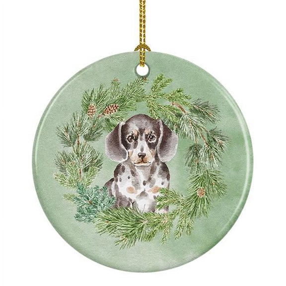 Dachshund Puppy Dappled Christmas Wreath Ceramic Ornament 2.8 in x 2.8 in