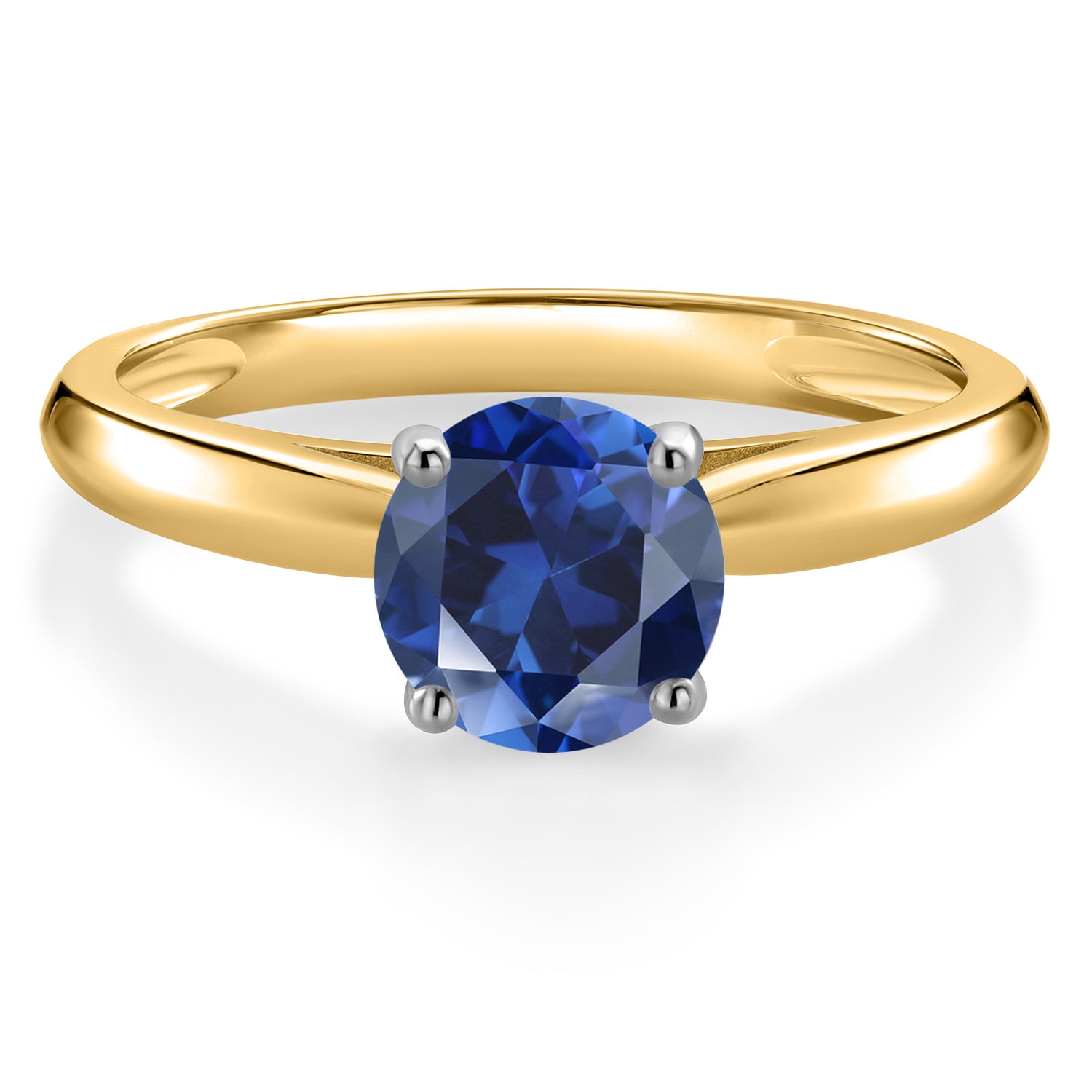 Gem Stone King 10K Two Tone Gold Blue Created Sapphire Solitaire Engagement Ring for Women | 1.00 Cttw | Round 6MM | Gemstone September Birthstone | Size 8