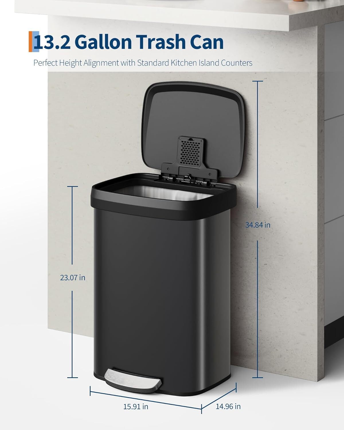 EuKer Large Garbage Can, 13.2 Gallon Garbage Pail with Soft-Close Lid and Rear Handle for Kitchen, Office, Black