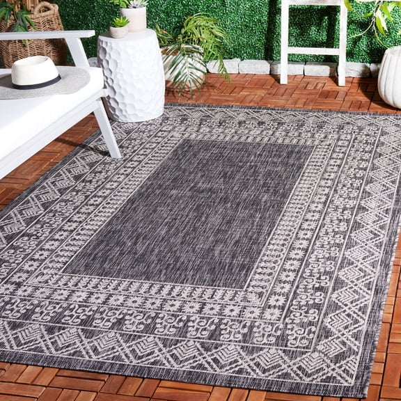 SAFAVIEH Courtyard Emmett Bordered Indoor/Outdoor Area Rug, Black/Beige, 5'3" x 7'7"