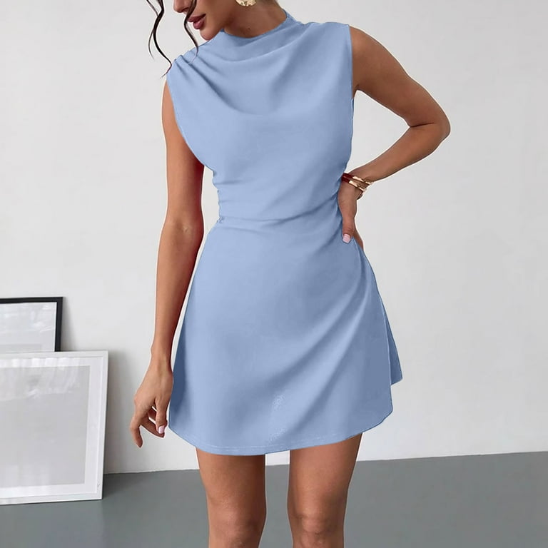 Women Elegant Satin Sleeveless Mini Dress Draped Collar Smooth