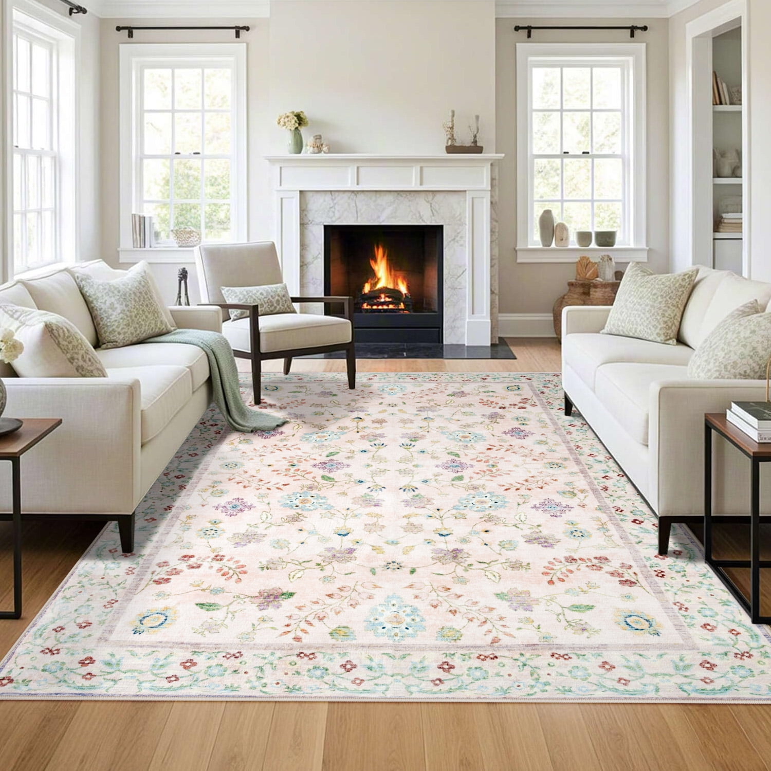 Ultrug Vintage Floral Rugs Soft Boho Area Rug Indoor Carpet for Living Room Bedroom Home Decor,6'x9',Light Pink