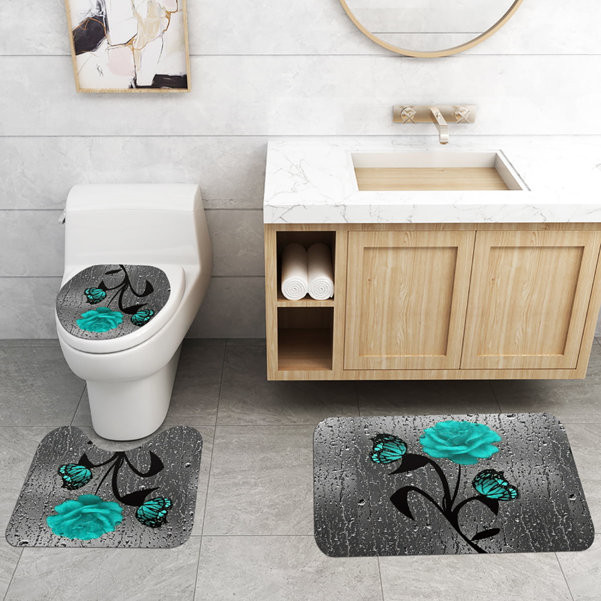 Blue Butterfly Art Shower Curtain Bath Mat Toilet Cover Rug Bathroom Decor Set 