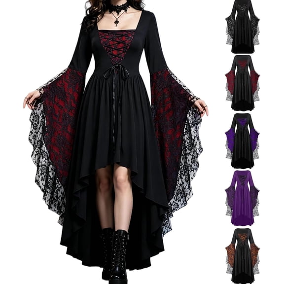 Witch Dress for Women Lace Square Neck Batwing Sleeve Halloween Dresses Adult Gothic