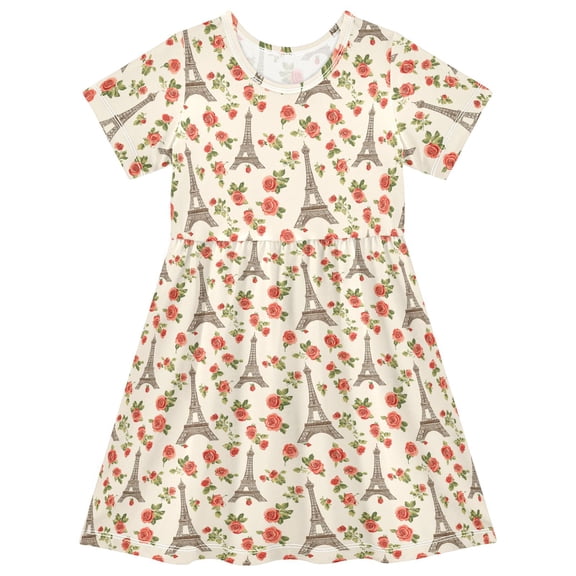 joogoo Eiffel Tower Rose Flower Girls' Short Sleeve Dress Kids Dresses 5-6T
