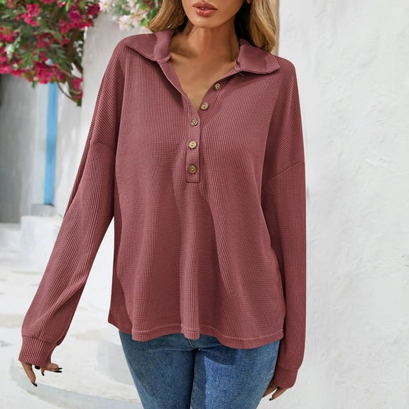 Women's Henley Sweatshirt Casual Lapel Long Sleeve Button Waffle Pullover Lightweight Solid Lounge T-shirt Outwear