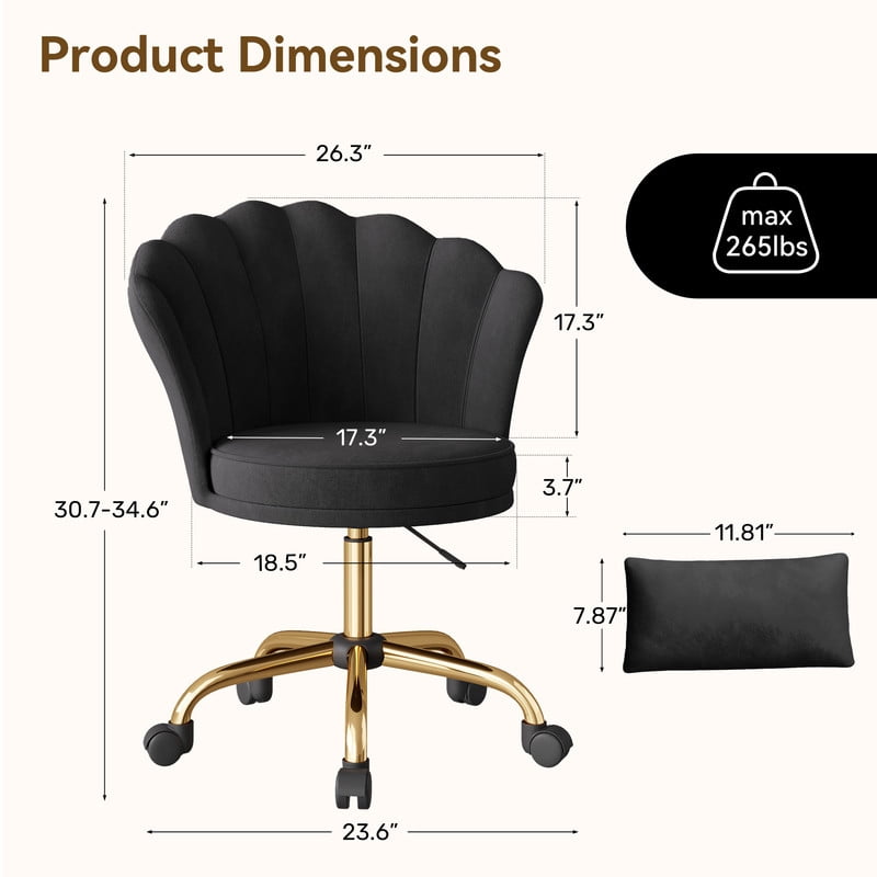 Hawsaiy Shell Back Home Office Chair with Lumbar Pillow, Modern Upholstered Desk Chair with Gold Metal Base, Swivel Adjustable Computer Chair for Home Office, Black