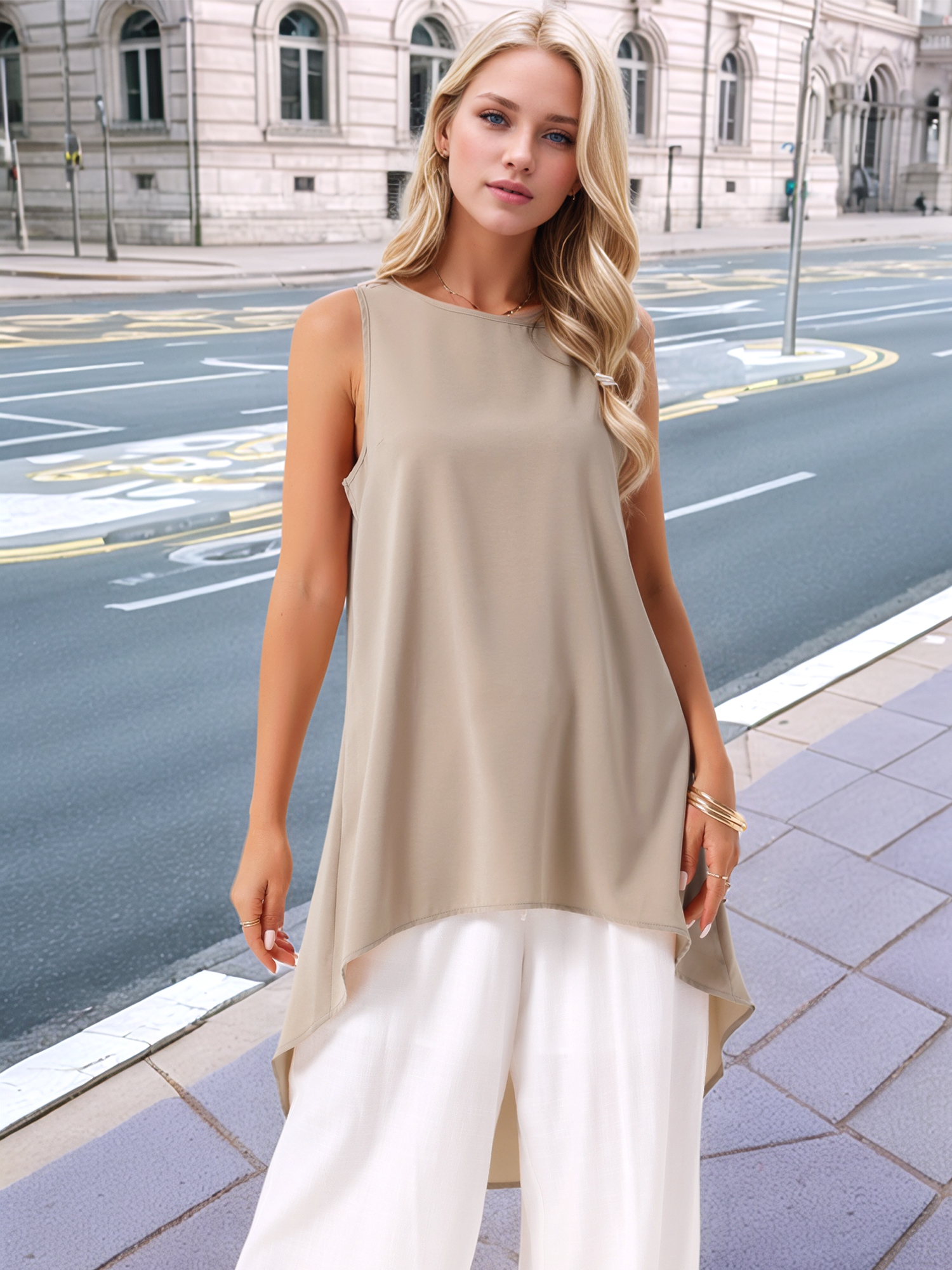 DARING DIVA Women's High Low Sleeveless Crewneck Asymmetrical Blouse M Khaki