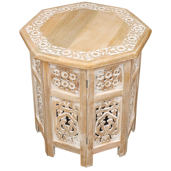 The Wooden Town Side Tables– Hand Carved Vintage Boho Folding End Tables for Living Room, Entryway, Living Room, Bedroom – No Tools Assembly, 18"x18" Octagon, White wash Finish