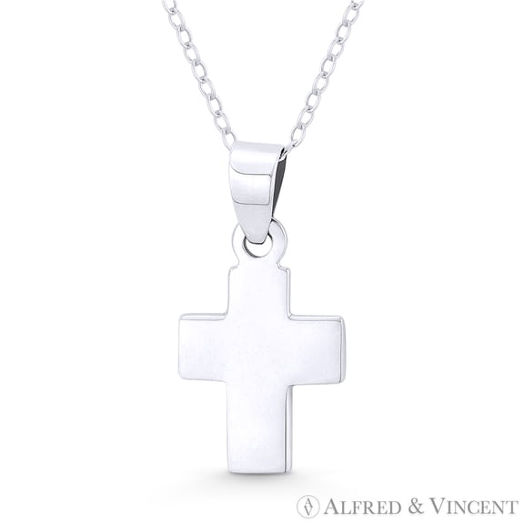 Flat Latin Crucifix Christian Cross Pendant w/ Chain Necklace in .925 Sterling Silver