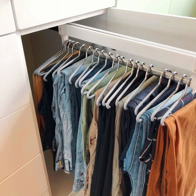 Perchero para pantalones con montaje superior, armario empotrado, retráctil, para guardar pantalones, con riel para ropa de acero inoxidable con herrajes de empuje y tracción
