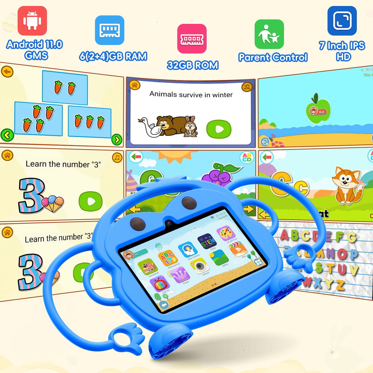 Kids Tablet, 7 inch Android Tablet for Kids, 6GB RAM 32GB ROM Quad-Core Toddler Tablet with Shockproof Case, Bluetooth, WiFi, Parental Control, 2MP+2MP Dual Camera, GPS, Games