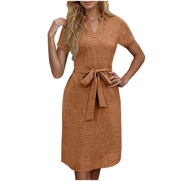 Women Dresses Fashion Casual Solid Color V-neck Solid Color Short-sleeved Bow Belt Summer Dress