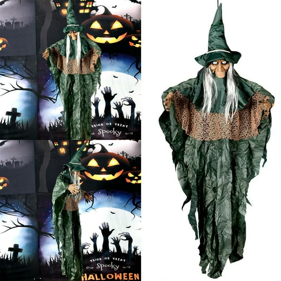 GoLucid 65in Hanging Witch Halloween Decoration, Light Up Sound Talking Witch with Glowing Eyes for Porch Tree Yard Outdoor Halloween Decor