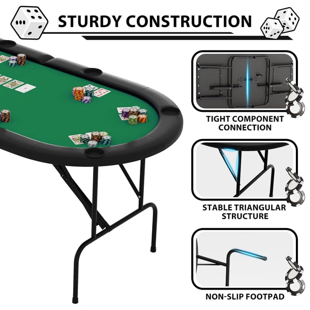 EDTara 71-Inch Oval Card Table, Collapsible Poker Table for 8 Players With Cup Holders and Cushioned Rail