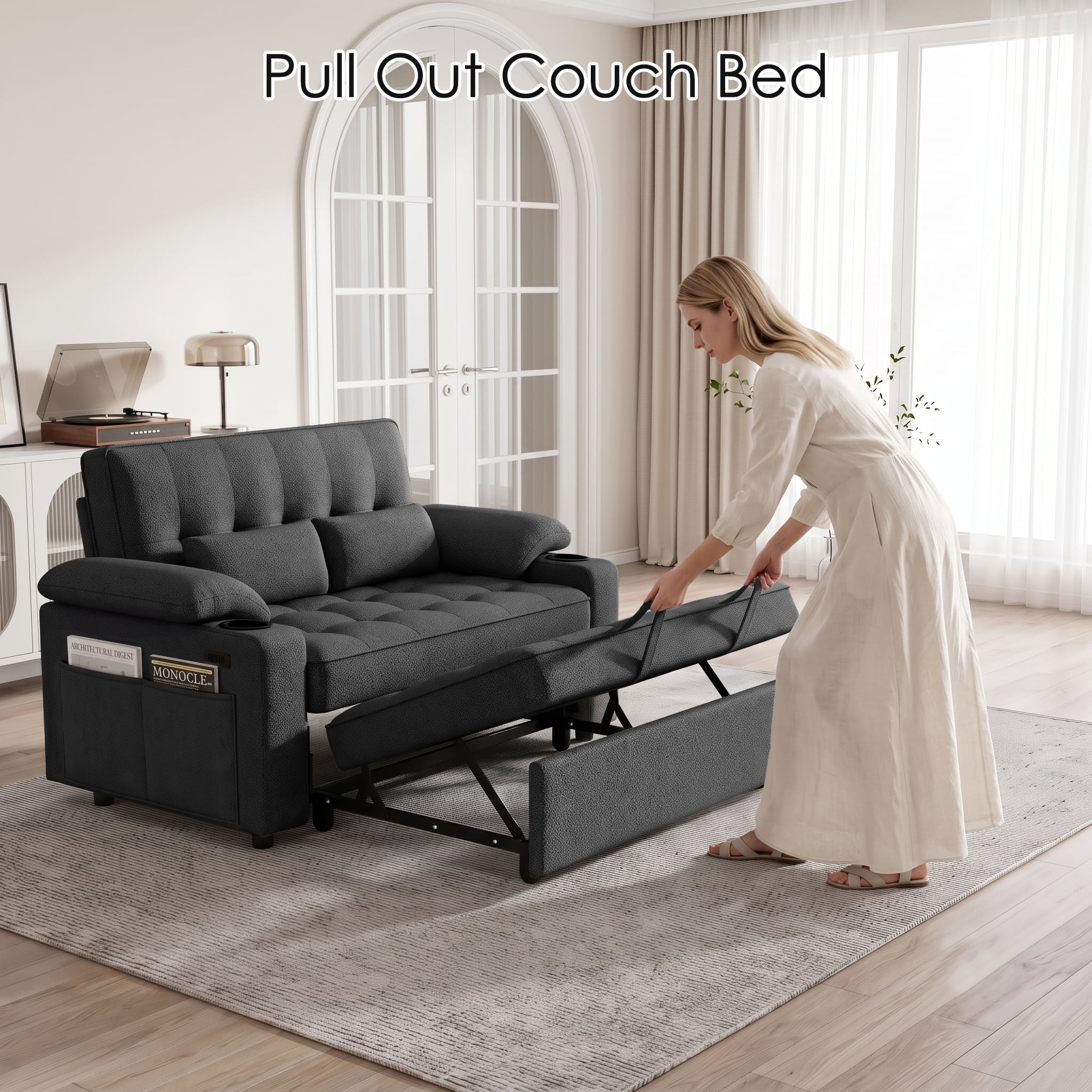 58" Convertible Sleeper Sofa Bed, Full Size Pull Out Couch with USB Charging, Cup Holders, Adjustable Backrest & Side Pockets, Towel Fabric Loveseat for Living Room, Apartment, Office (Black)