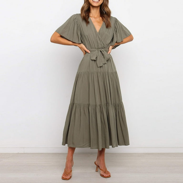 army green skater dress Bigersell a Line Dresses for Women Solid Short Sleeve Loose Ruffles Lacing Female Dress Women Dresses, Style 14520, S occasion_new_years_dresses