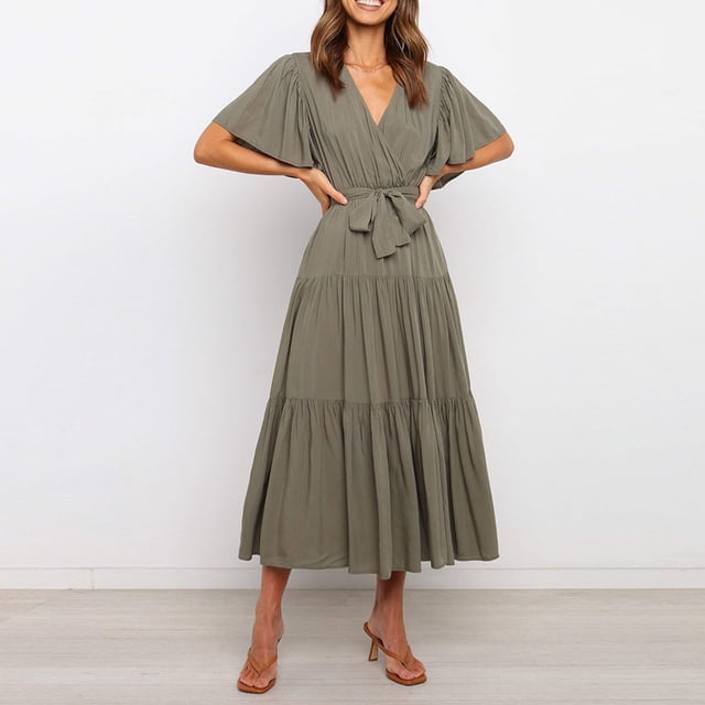 LOVZFMLL Robe à Lacets pour Femmes, Unie, Manches Courtes, Ample, à Volants, Vert Armée, P