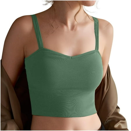 RYDCOT Teen Girls Spaghetti Strap Tank Top with Built In Bra Womens Ribbed Fitted Underwear Build In Shelf Bra Yoga Gym Vest Basic Slim Tops 2025 Sale Green