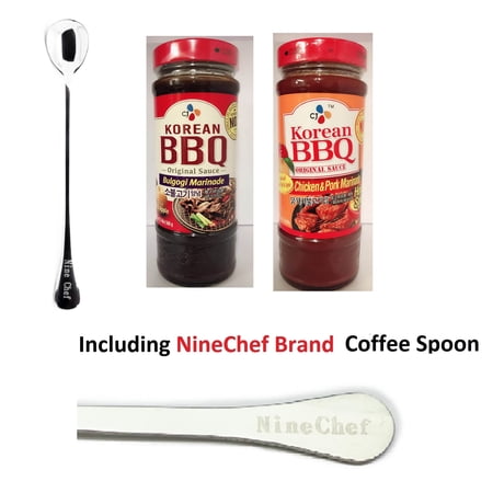 NineChef Bundle - CJ Korean BBQ Sauce 2 Flavor (Hot Spicy Chicken and Pork+ Bulgogi Marinade for Beef) Plus 1 NineChef Brand Coffee Spoon