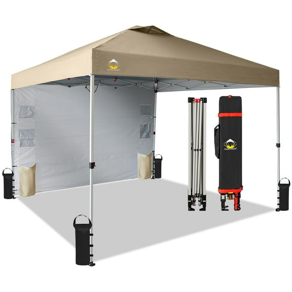 CROWN SHADES Canopy Tent, 10 x 10 Foot Portable Pop Up Outdoor Shelter with Pocket Sidewall, Push Center Lock, UV Protection, and Carry Bag, Beige