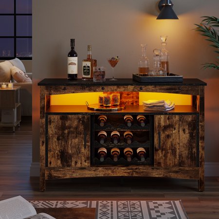 Bestier Farmhouse Wine Bar Storage Cabinet 50  Sideboard Buffet Cabinet with LED Lights & Removable Wine Rack Rustic