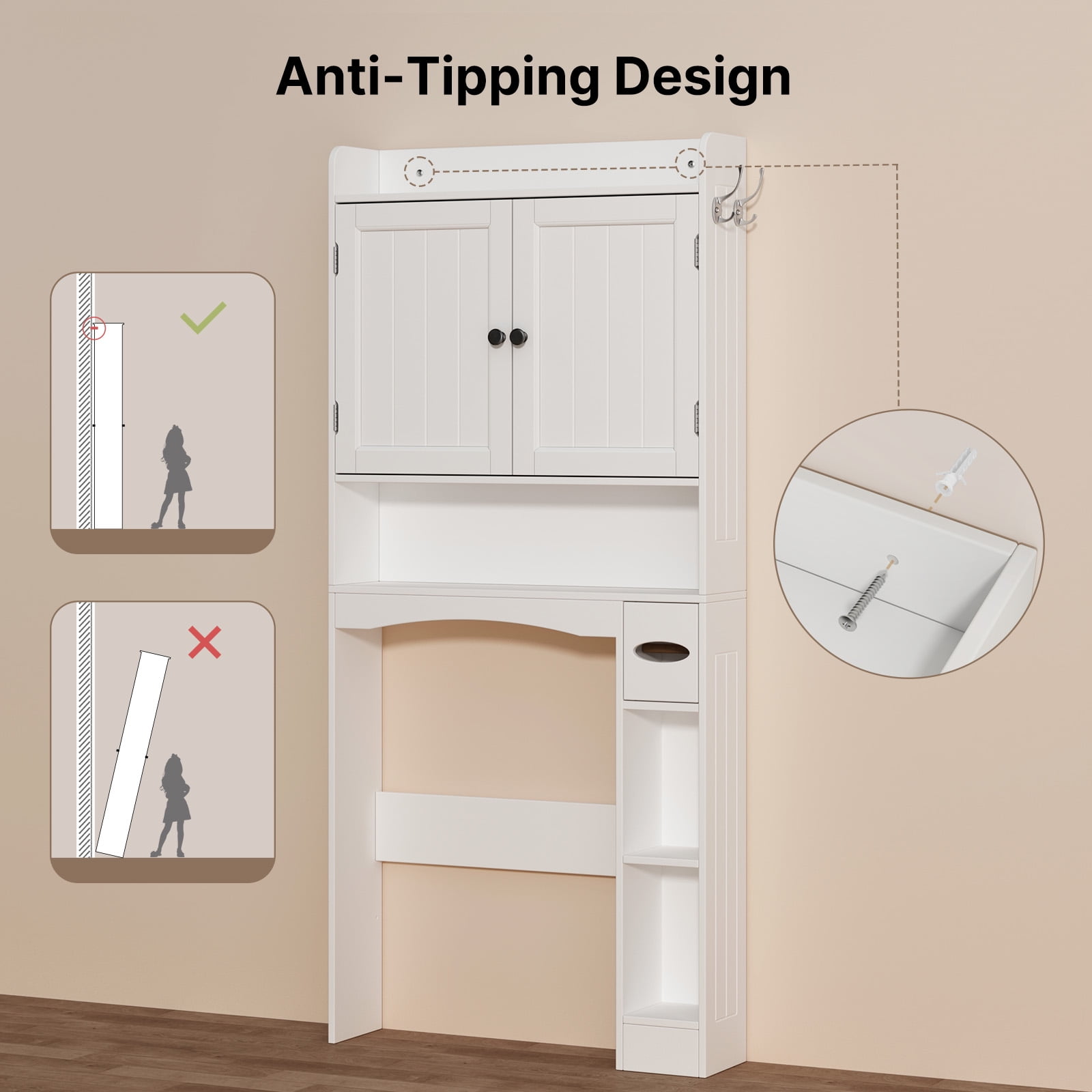 70.3"Over The Toilet Storage Cabinet, Bathroom Cabinet with Adjustable Shelves & Toilet Paper Holder, Anti-Tip, White