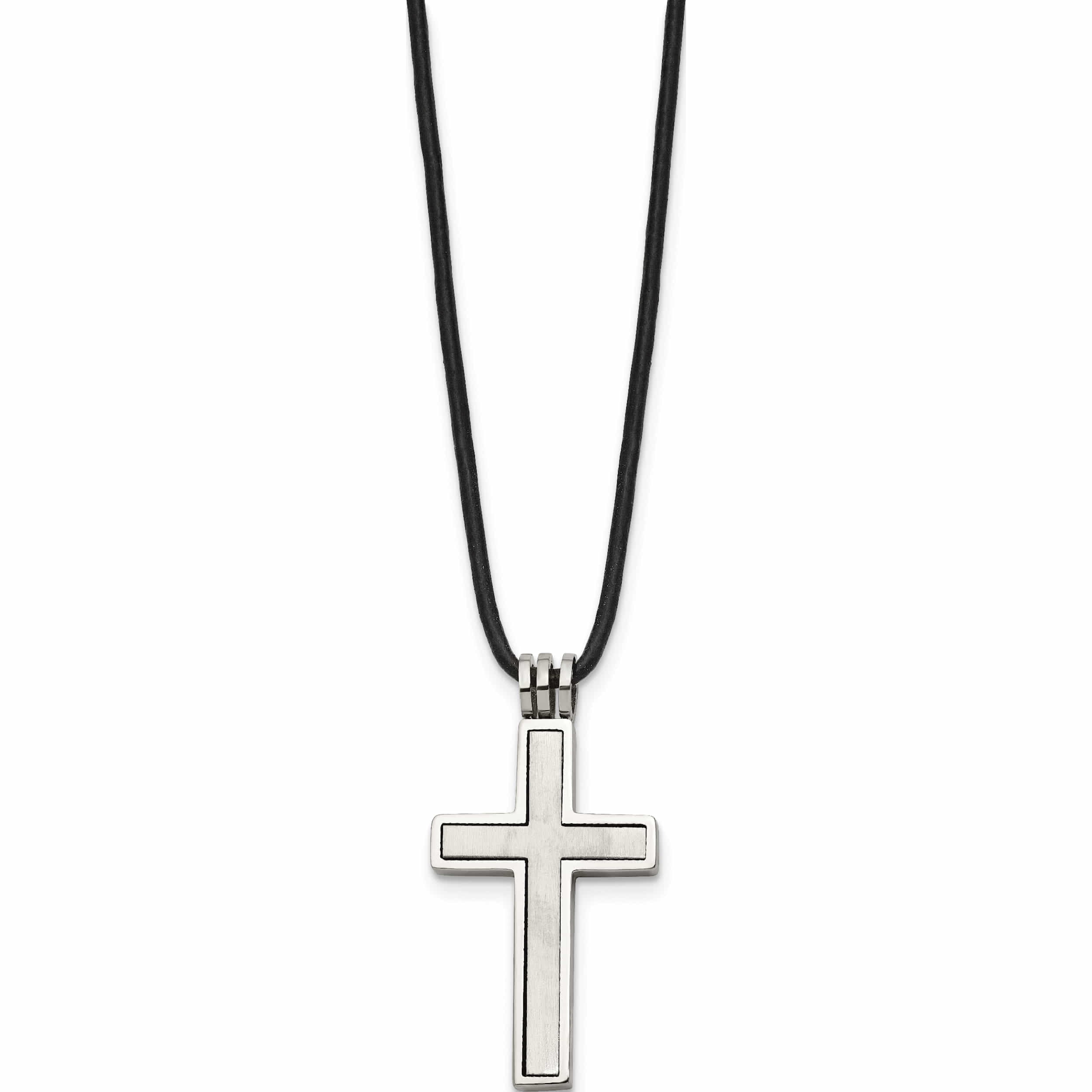 Stainless Steel Brushed & Polished Cross Leather Cord Necklace Made In China -Jewelry By Sweet Pea