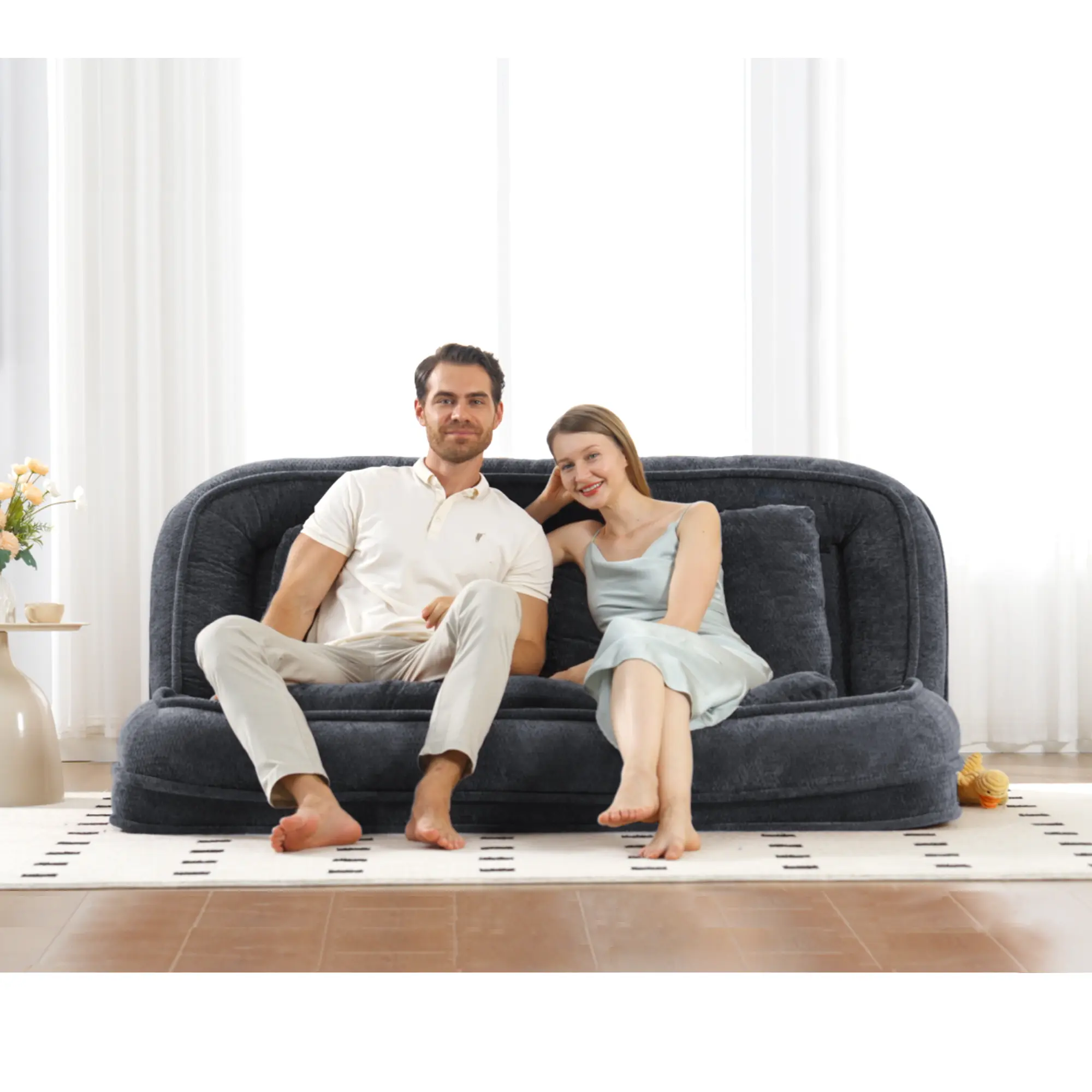 Aukfa Double Human Dog Bed Lazy Sofa Loveseat with Adjustable Backrest, Extra Large 2-Seat Floor Couch with Plump PillowDark Gray