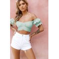 thumbnail image 4 of Women's Ruffle Short Sleeve Tie Up Back Crop Top Off Shoulder Bardot Blouse,Mint Green,L, 4 of 7