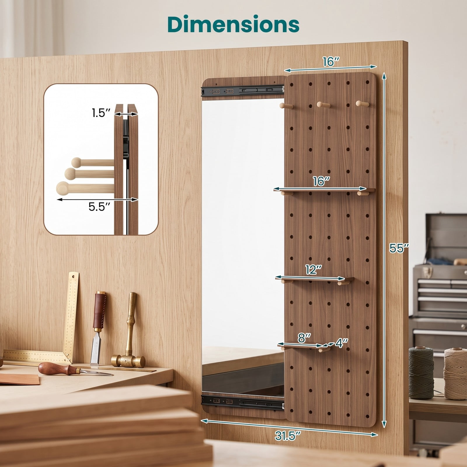 ALPULON Solid Wood Full Length Mirror with Sliding Pegboard, Shelves and 3 Hooks, Wall Mounted HD Floor Mirror for Entryway Bedroom Closet, Brown